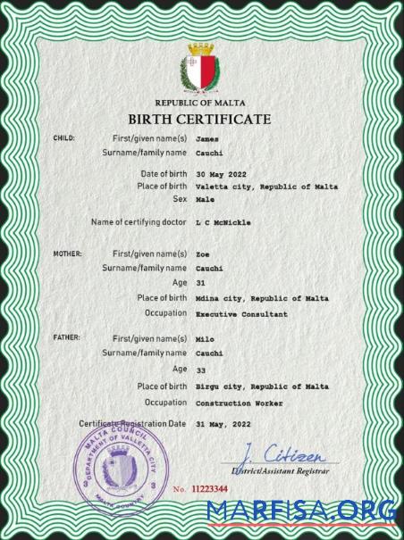 Downloadable Malta vital record birth certificate PSD template